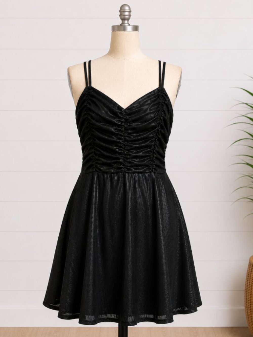 GRACE KARIN Women's Black Ruched Bust Shimmer Mini Dress Size M NWT